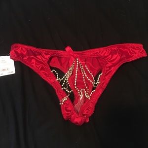 NWT Red satin rhinestone open bottom panties❤️